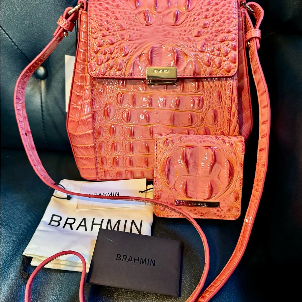 Brahmin Margo Coral Snapdragon Croc-Embossed Crossbody Bag with Wallet